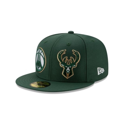 Green Milwaukee Bucks Hat - New Era NBA Double Hit 59FIFTY Fitted Caps USA7680549